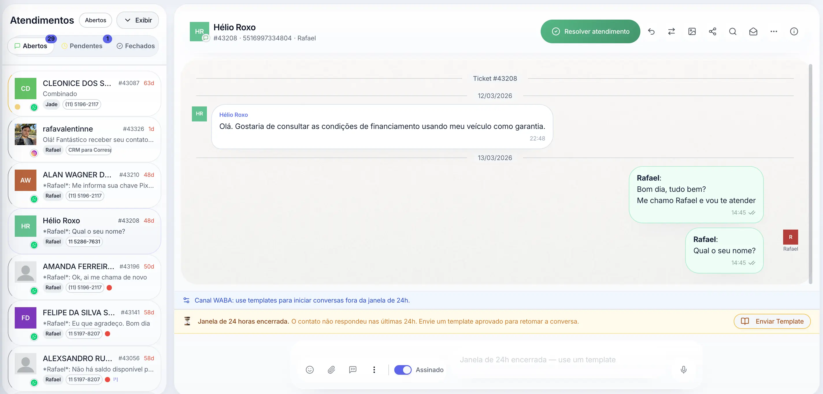 Painel de multiatendimento do RBChat