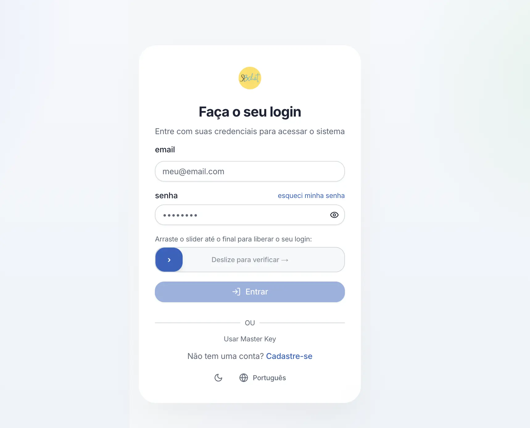 Tela de acesso do RBChat — integração rápida com canais